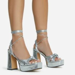 EGO Pink-Lady Lace Up Knotted Strap Detail Platform Block Heel In Silver Faux Leather