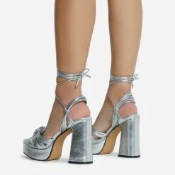 EGO Pink-Lady Lace Up Knotted Strap Detail Platform Block Heel In Silver Faux Leather -EGO shop 28 10 22 fw23886 sq