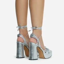 EGO Pink-Lady Lace Up Knotted Strap Detail Platform Block Heel In Silver Faux Leather -EGO shop 28 10 22 fw23887 sq