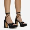 EGO Pink-Lady Lace Up Knotted Strap Detail Platform Block Heel In Black Faux Suede