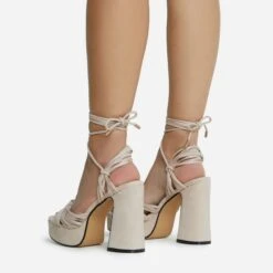 EGO Pink-Lady Lace Up Knotted Strap Detail Platform Block Heel In Nude Faux Suede -EGO shop 28 10 22 fw23896 sq