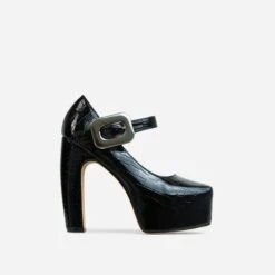 EGO Roundabout Buckle Detail Closed Square Toe Platform Curved Block Heel In Black Croc Print Faux Leather -EGO shop 28 10 22 fw23977 sq