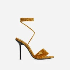 EGO Tribute-To Lace Up Open Square Toe Stiletto Heel In Mustard Velvet -EGO shop 28 10 22 fw24010 sq