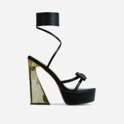 EGO Driving-Me-Crazy Lace Up Bow Detail Platform Metallic Flared Block Heel In Black Faux Leather -EGO shop 28 10 22 fw24012 sq