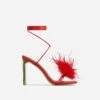 EGO Flamingo Lace Up Faux Feather Detail Square Toe Metallic Thin Block Heel In Red Faux Leather -EGO shop 28 10 22 fw24035 sq