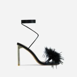 EGO Flamingo Lace Up Faux Feather Detail Square Toe Metallic Thin Block Heel In Black Faux Leather