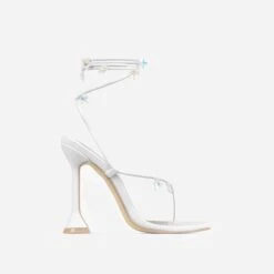 EGO Isla Lace Up Iridescent Star Detail Square Toe Statement Heel In White Faux Leather -EGO shop 28 10 22 fw24041 2 sq