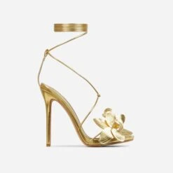 EGO Blooming Lace Up Flower Detail Platform Stiletto Heel In Gold Faux Leather -EGO shop 28 10 22 fw24059 sq