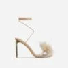 EGO Flamingo Lace Up Faux Feather Detail Square Toe Metallic Thin Block Heel In Nude Faux Leather -EGO shop 28 10 22 fw24150 sq