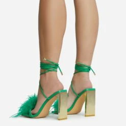 EGO Flamingo Lace Up Faux Feather Detail Square Toe Metallic Thin Block Heel In Green Faux Leather -EGO shop 28 10 22 fw25872 sq