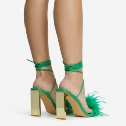 EGO Flamingo Lace Up Faux Feather Detail Square Toe Metallic Thin Block Heel In Green Faux Leather -EGO shop 28 10 22 fw25873 sq
