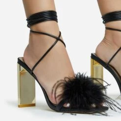 EGO Flamingo Lace Up Faux Feather Detail Square Toe Metallic Thin Block Heel In Black Faux Leather -EGO shop 28 10 22 fw25876 sq