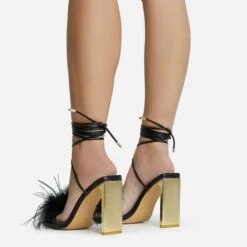 EGO Flamingo Lace Up Faux Feather Detail Square Toe Metallic Thin Block Heel In Black Faux Leather -EGO shop 28 10 22 fw25877 sq