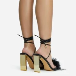 EGO Flamingo Lace Up Faux Feather Detail Square Toe Metallic Thin Block Heel In Black Faux Leather -EGO shop 28 10 22 fw25878 sq
