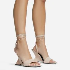 EGO Crashing Lace Up Square Toe Cut Out Wedge Heel In Nude Patent
