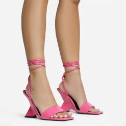 EGO Crashing Lace Up Square Toe Cut Out Wedge Heel In Pink Patent