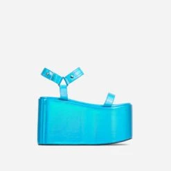EGO Jester Velcro Strap Detail Extreme Platform Wedge Heel In Blue Metallic Faux Leather