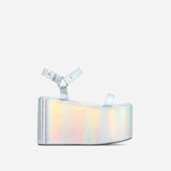 EGO Jester Velcro Strap Detail Extreme Platform Wedge Heel In Silver Metallic Faux Leather