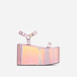 EGO Jester Velcro Strap Detail Extreme Platform Wedge Heel In Pink Metallic Faux Leather