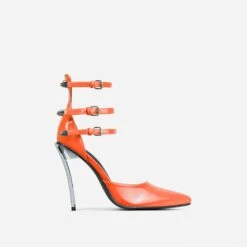 EGO Military Triple Strap Detail Pointed Toe Metallic Heel In Orange Patent -EGO shop 28 10 22 fw25967 sq