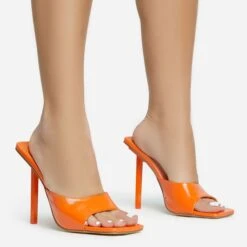 EGO Ditzy Square Peep Toe Stiletto Heel Mule In Orange Patent