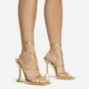 EGO Love-To-Hate Lace Up Strappy Square Toe Statement Heel In Gold Faux Leather