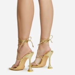 EGO Love-To-Hate Lace Up Strappy Square Toe Statement Heel In Gold Faux Leather -EGO shop 28 10 22 fw28073 sq