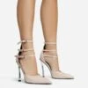 EGO Military Triple Strap Detail Pointed Toe Metallic Heel In Nude Patent