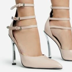 EGO Military Triple Strap Detail Pointed Toe Metallic Heel In Nude Patent -EGO shop 28 10 22 fw28094 sq