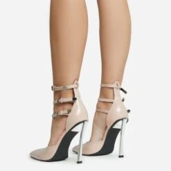 EGO Military Triple Strap Detail Pointed Toe Metallic Heel In Nude Patent -EGO shop 28 10 22 fw28095 sq