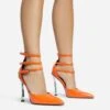 EGO Military Triple Strap Detail Pointed Toe Metallic Heel In Orange Patent