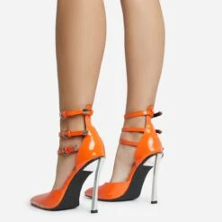 EGO Military Triple Strap Detail Pointed Toe Metallic Heel In Orange Patent -EGO shop 28 10 22 fw28100 sq