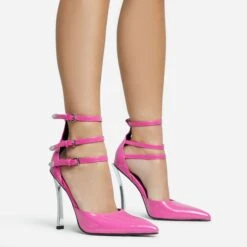 EGO Military Triple Strap Detail Pointed Toe Metallic Heel In Pink Patent