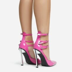 EGO Military Triple Strap Detail Pointed Toe Metallic Heel In Pink Patent -EGO shop 28 10 22 fw28106 sq