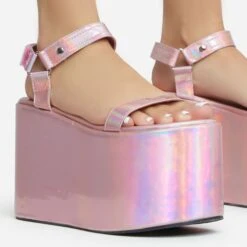 EGO Jester Velcro Strap Detail Extreme Platform Wedge Heel In Pink Metallic Faux Leather -EGO shop 28 10 22 fw28124 sq