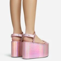 EGO Jester Velcro Strap Detail Extreme Platform Wedge Heel In Pink Metallic Faux Leather -EGO shop 28 10 22 fw28126 sb2