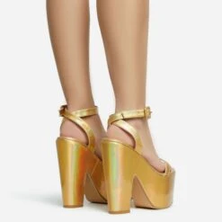 EGO Lina Ankle Strap Platform Wedge Heel In Gold Metallic Faux Leather -EGO shop 28 10 22 fw28142 sb