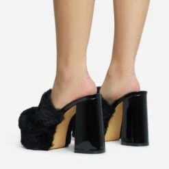 EGO Smoothie Faux Fur Detail Closed Toe Platform Block Heel Mule In Black Patent -EGO shop 28 10 22 fw28221 sb2