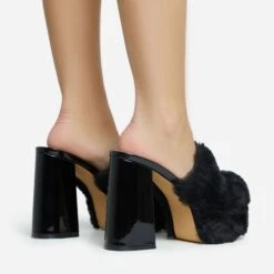 EGO Smoothie Faux Fur Detail Closed Toe Platform Block Heel Mule In Black Patent -EGO shop 28 10 22 fw28222 sb