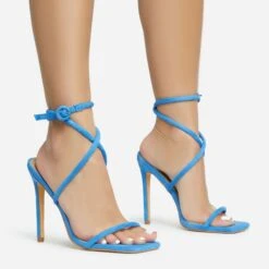 EGO Lena-Olin Cross Ankle Strap Square Toe Stiletto Heel In Blue Faux Suede