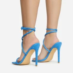 EGO Lena-Olin Cross Ankle Strap Square Toe Stiletto Heel In Blue Faux Suede -EGO shop 28 10 22 fw28258 sb