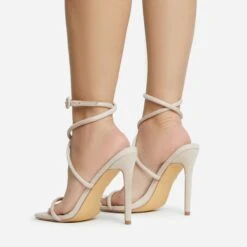 EGO Lena-Olin Cross Ankle Strap Square Toe Stiletto Heel In Nude Faux Suede -EGO shop 28 10 22 fw28263 sb