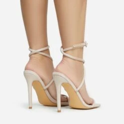 EGO Lena-Olin Cross Ankle Strap Square Toe Stiletto Heel In Nude Faux Suede -EGO shop 28 10 22 fw28264 sb2