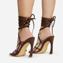 EGO Shanice Lace Up Strappy Square Toe Statement Thin Block Heel In Brown Faux Suede -EGO shop 28 10 22 fw28268 sq
