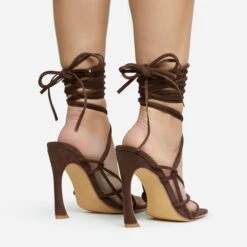 EGO Shanice Lace Up Strappy Square Toe Statement Thin Block Heel In Brown Faux Suede -EGO shop 28 10 22 fw28269 sq
