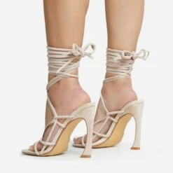 EGO Shanice Lace Up Strappy Square Toe Statement Thin Block Heel In Nude Faux Suede -EGO shop 28 10 22 fw28279 sq