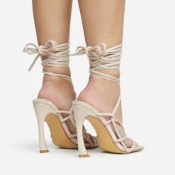 EGO Shanice Lace Up Strappy Square Toe Statement Thin Block Heel In Nude Faux Suede -EGO shop 28 10 22 fw28280 sq
