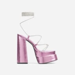 EGO Star-Walker Lace Up Diamante Knotted Strap Detail Extreme Platform Block Heel In Pink Metallic Faux Leather -EGO shop 28 10 22 fw30004 1 sq