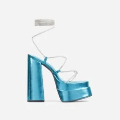 EGO Star-Walker Lace Up Diamante Knotted Strap Detail Extreme Platform Block Heel In Blue Metallic Faux Leather -EGO shop 28 10 22 fw30004 sq