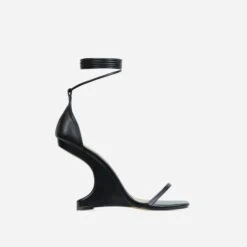 EGO Time-Flies Lace Up Square Toe Cut Out Wedge Heel In Black Faux Leather -EGO shop 28 10 22 fw30007 sq